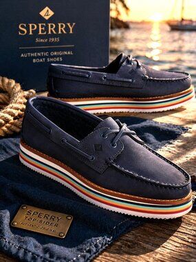 SPERRY Authentic Original Boat Shoes Rainbow Stacked Sole Leather Navy NEW Sz 9